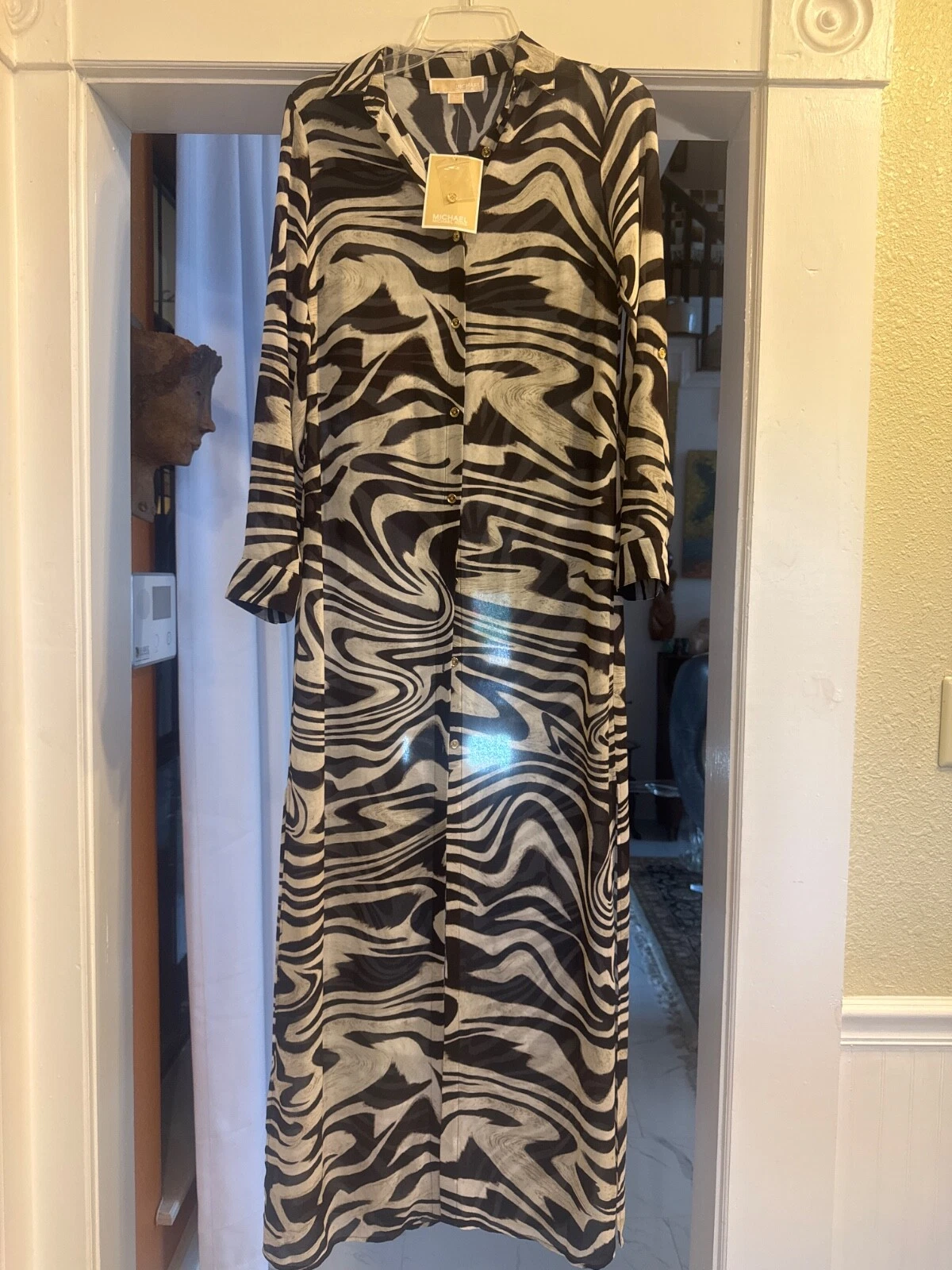 Abito lungo Michael Kors marrone stampa zebrata bottoni colletto trasparente nuovo con etichette TG XS
