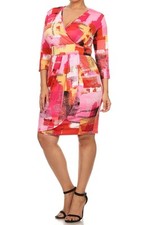 PLUS SIZE PINK MULTI-COLOR BODYCON V-NECK PARTY WORK CASUAL DRESS NEW 1X 2X 3X