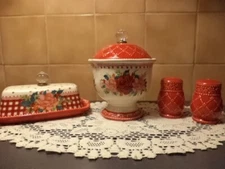 Pioneer Woman Cheerful Rose BUTTER DISH, CANDY DISH, SALT & PEPPER-5 PC. SET-NIB