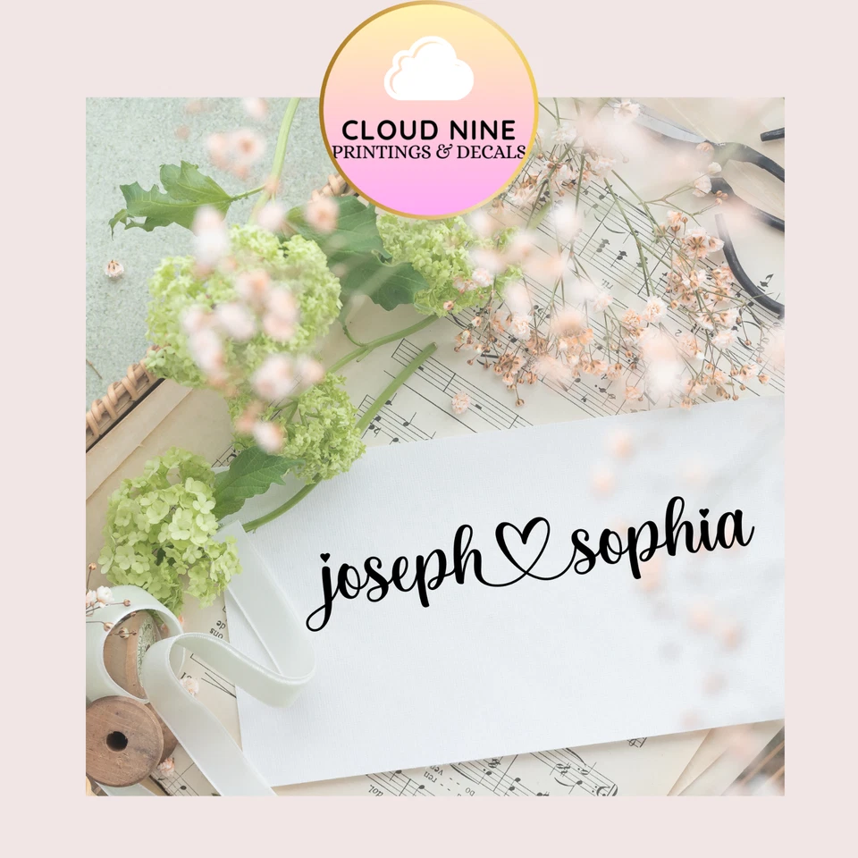 Calcomanía con nombre personalizada dos nombres pegatina letras compromiso boda aniversario Foto 3 de 4