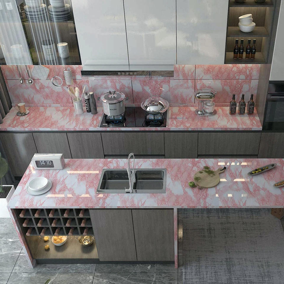 Papel tapiz de piedra granito mármol rosa brillante de 4 pies x 40 pies película de vinilo hogar 48" x 480" Foto 3 de 4