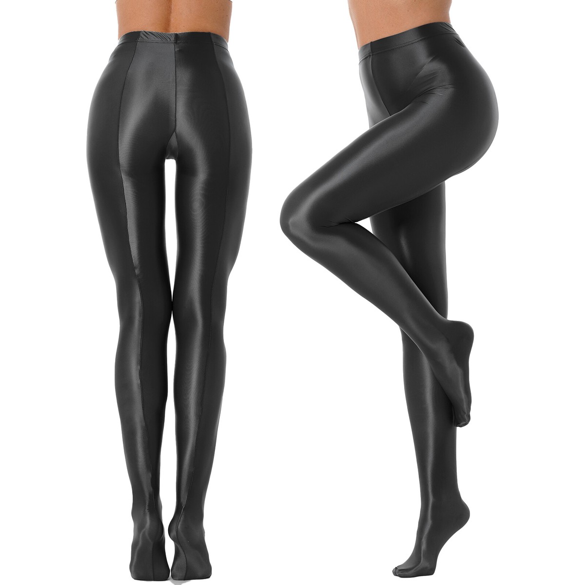 Women See Through Crotchless Pantyhose Glossy Smooth Stretchy Mid Waist Tights E