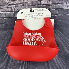 Tunno Tots Silicone Bib Christmas Santa Mighty Good Man Red Holiday Baby Toddler