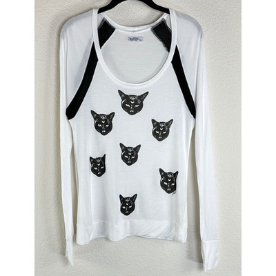 Lauren Moshi Black Cat Moon Graphic Long Sleeve Tee Micro Modal Thumbhole Soft S