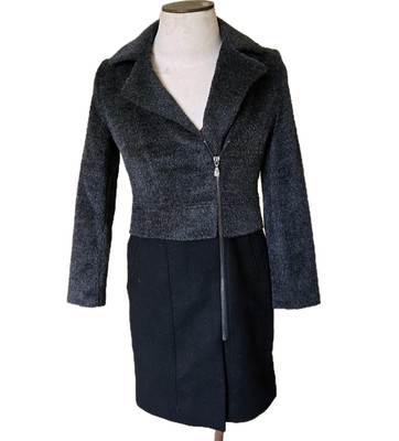 Trina Turk Fur Alpaca Lambs Wool Black Gray Trench Overcoat Jacket Womens  NWT