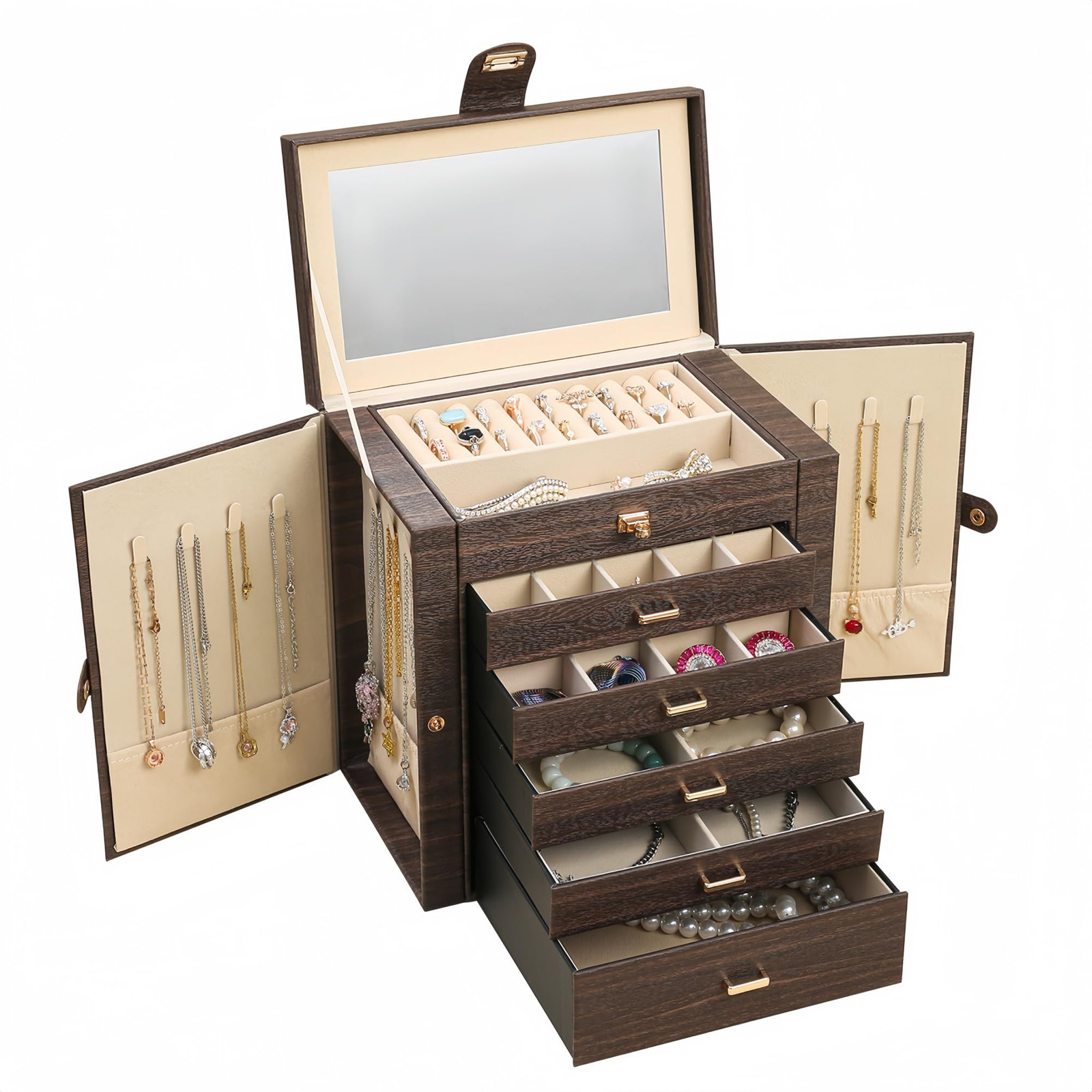 Jewelry Box Large, 6-Layer Jewelry Storage Boxwith Mirror and 5 Drawers for W...-image