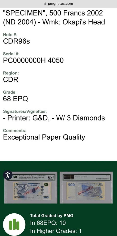 2002(ND 2004) Congo Democratic Republic-500 Francs- Specimen- PMG- 68EPQ (10/1) - Image 3 of 3