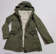 Y2K Abercrombie Kids Parka Jacket Girl M Sherpa Lined Military Green Broken zip