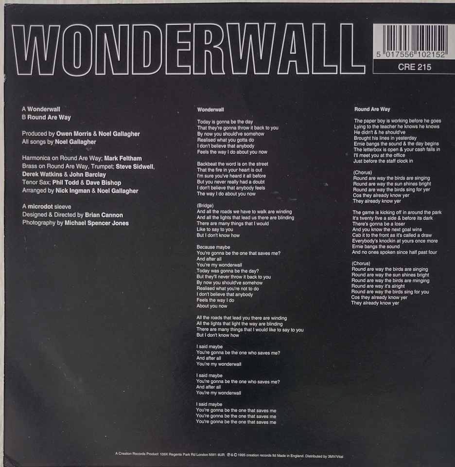 Oasis Wonderwall Vinyl Single A1 First Pressing CRE 215' 1995, Rare, Superb - Image 2 of 4