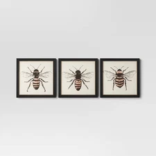 Print Canvas Set 3pk 12"x12" Bees Wall Art Canvases Modern Black Gold