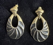 Vintage Trifari Classic Black Enamel Gold Tone Dangle Earrings