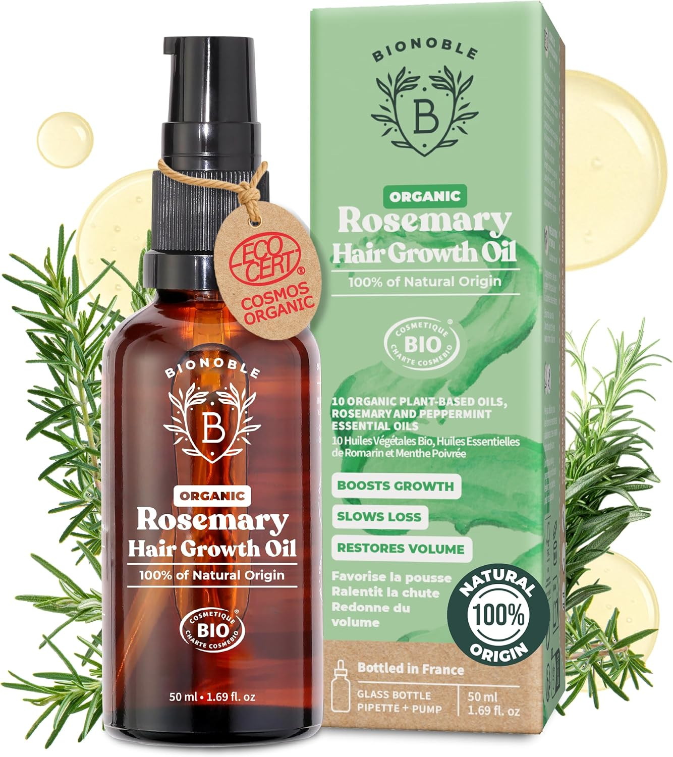 BIONOBLE Organic Rosemary Hair Oil 50ml Growth Argan Jojoba Castor Natural Vegan