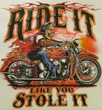 VTG. RIDE IT LIKE STOLE IT SKULL BIKER BLACK SHIRT SIZE S-XL  (FRONT PRINT)#1502