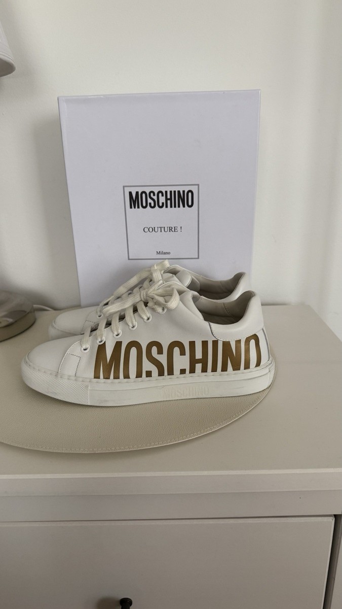 Moschino Couture White Leather Gold Logo Designer Sneakers  display picture 3
