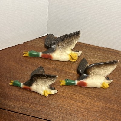 Three Vintage Chalk Ware Flying Mallard Ducks Chalkware one w damage