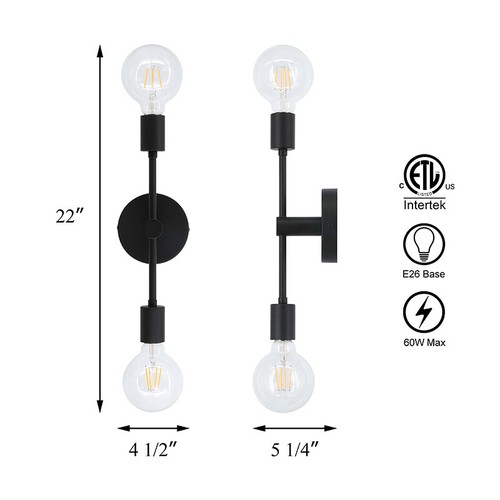 Double Black Wall Sconce 2 Light Vanity Light with LED Bulb for Bathroom Hallway - Picture 3 of 8