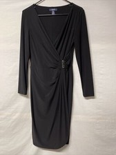 Chaps Dress Women Medium Polyester Elastane Faux Wrap Full Sleeve Stretch Black