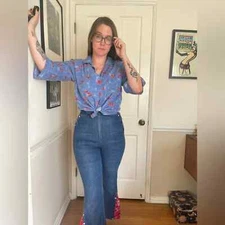 70s Vintage Blue and Red Novelty Bandana Denim Print Top