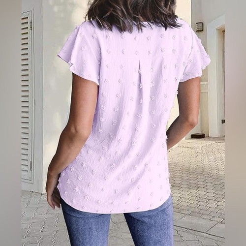 MEROKEETY V Neck Ruffle Short Sleeve Blouse Swiss Dot Flowy Shirt Tunic Top Sz M - 第 3/15 張圖片
