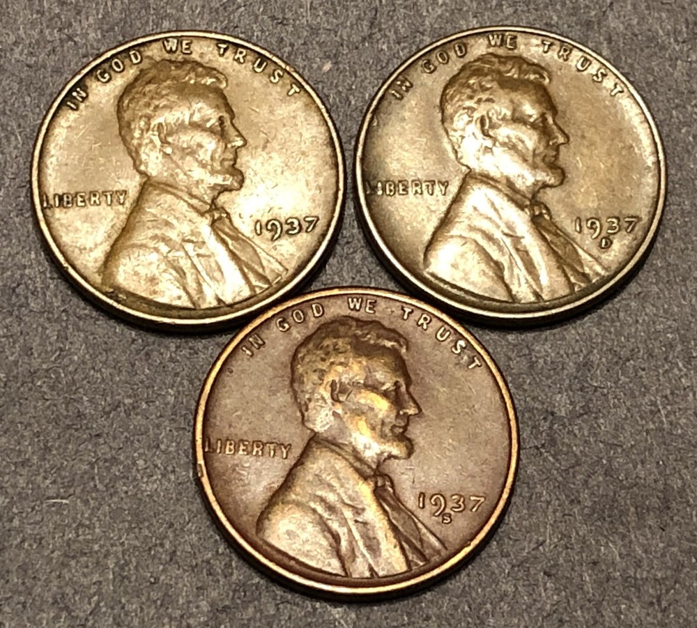 1937 Lincoln Wheat Cent High Grade Set 1937 P 1937 D 1937 S Lot B