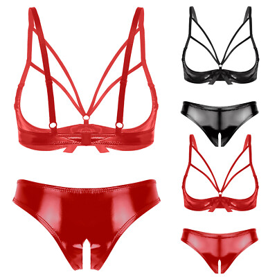 DE Damen Wetlook Lackleder Dessous Set BH mit Slips Tanga Erotische Reizwäsche