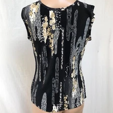 CDW Creative Design Works sleeveless Blouse Sz M Black Beige White design