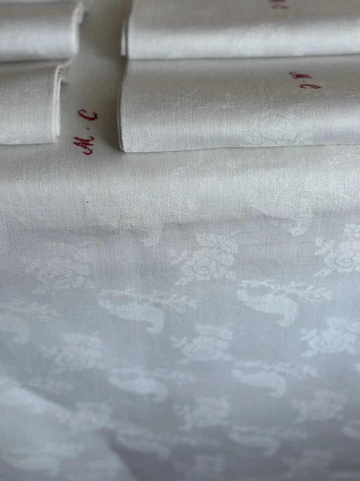 Service De Table 1920 Lin Damassé Perdrix chasse Monogramme Nappe 12 Serviettes - Photo 4/4