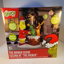 Grinch Scene Chimney 6.5ft Tall Animated Christmas Inflatable Gemmy