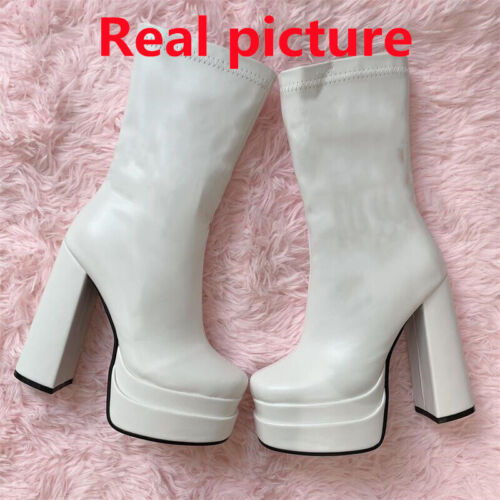 Women's Platform Ankle Boots High Block Heel Zip Patent Leather High Top Boots - Picture 18 of 19