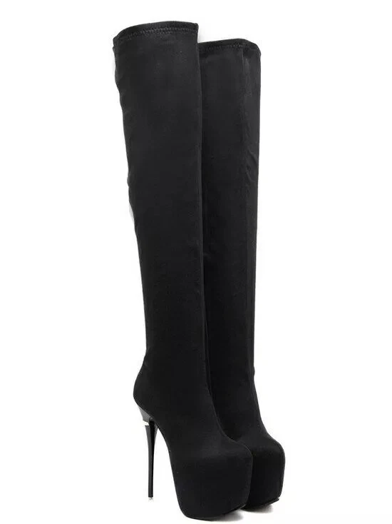 Bottes Noir Genou Cuisse Talon 16 CM Talons Aiguilles Cuir Synthetique 9419 - Photo 2/4