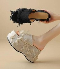 Women Peep Toe Tassel Summer Lady Wedge Heels Platform Slippers Party Shoes