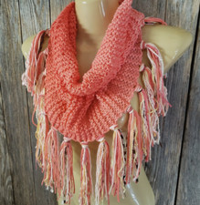 NEW Hand Knitted Coral Ombre Infinity Boho Cowl Scarf Fringe Knit Cottage Whimsy