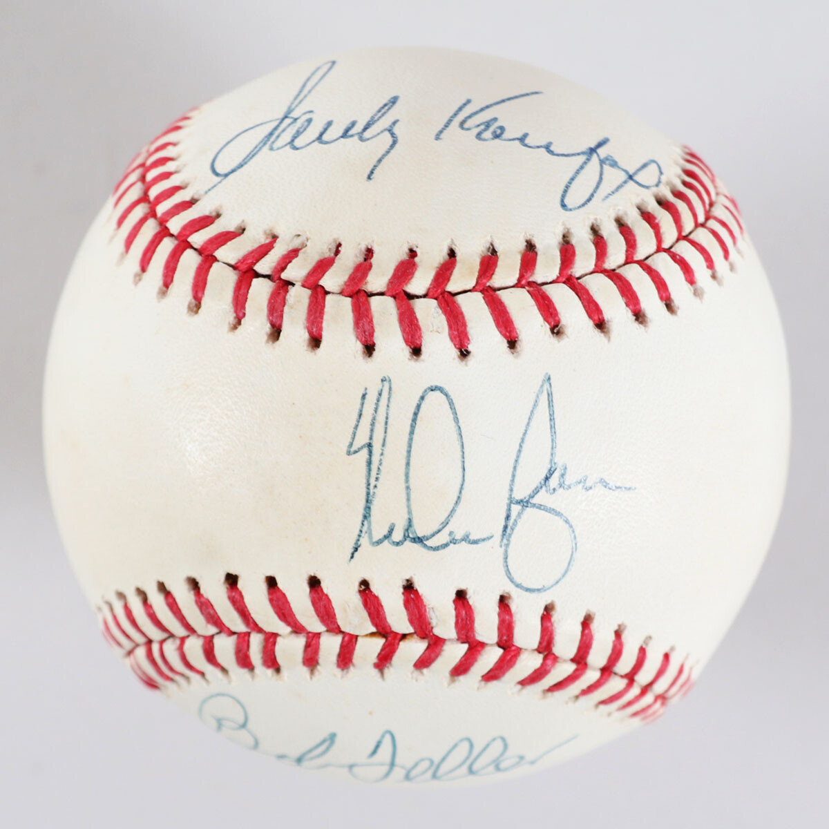 HOF Pitchers Sandy Koufax Signed Baseball w/ Nolan Ryan & Bob Feller - COA JSA 