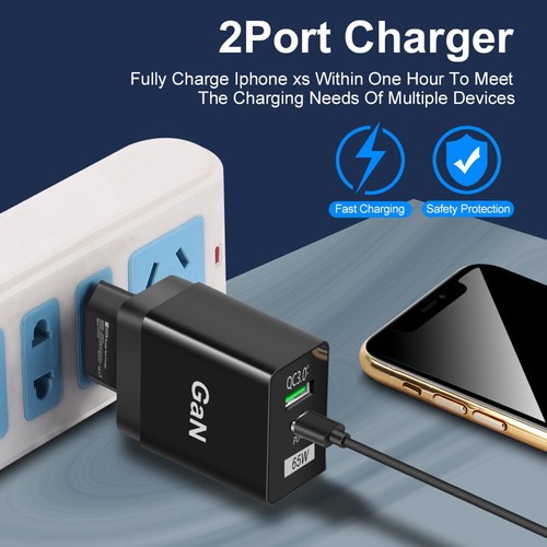 65W GaN Charger 2 Ports QC3.0 Quick Fast Charger for iPhone 13 Pro Xiaomi Phone - Photo 5 sur 15