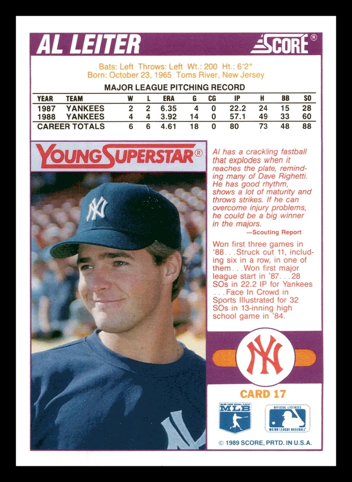 1989 Score Young Superstars 1 Al Leiter #17 New York Yankees Mint - Image 2 of 2