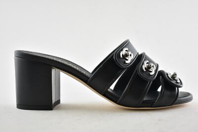 Chanel 19P Black Leather Turnlock CC Logo Mule Strap Slide Block