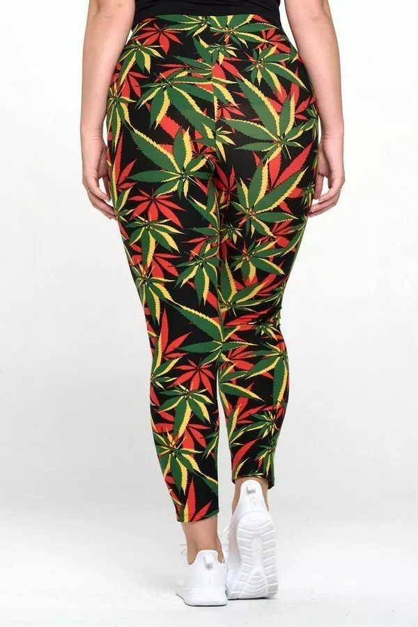 Womens Colorful Marijuana Leaf Print Leggings One Sz Fit 1X,2X,3X Or Sz  14,16,18