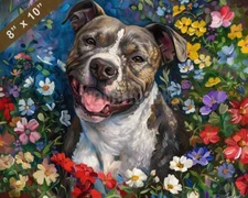 American Staffordshire Terrier painting in a blooming ga 8x10 Print 