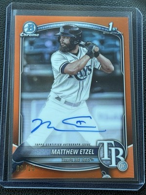 2025 Bowman Chrome Topps Matthew Etzel Orange Refractor Auto /25 Rays CPA-ME
