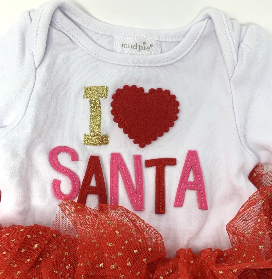 Macacão Tutu Natal Coração Vermelho Natal Mud Pie Meninas 3-6 Meses Branco I Love Santa - Imagem 2 de 4
