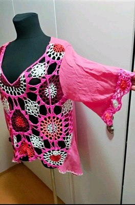 Tredy Tunika Pink Weiß Spitze Häkeloptik V-Ausschnitt 3/4 Arm bis Gr. 44