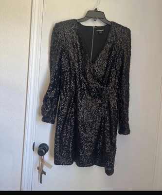 Express Women s Black Sequin V-Neck Long Sleeve Mini Dress Back Zip Size S