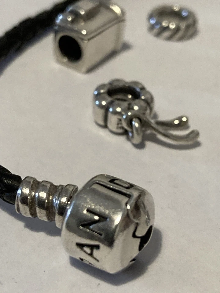 Pandora 18cm Black Leather Bracelet with 8 Charms & Spacers. - Image 4 of 4