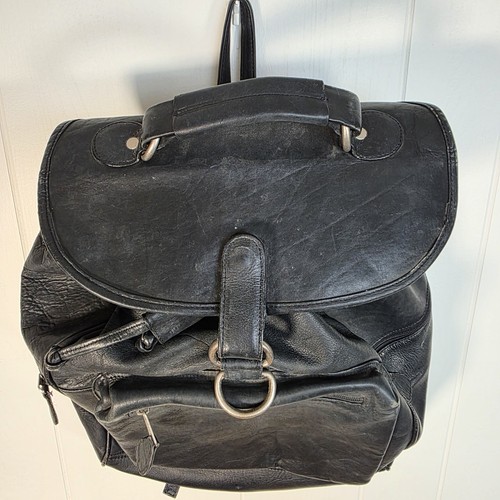 FRYE Black Leather Backpack Drawstring Flap Closure - Picture 4 of 11