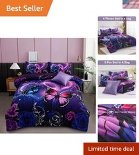 Butterflies Bedding Twin Comforter Set Bed in A Bag 6pcs Purple and Blue