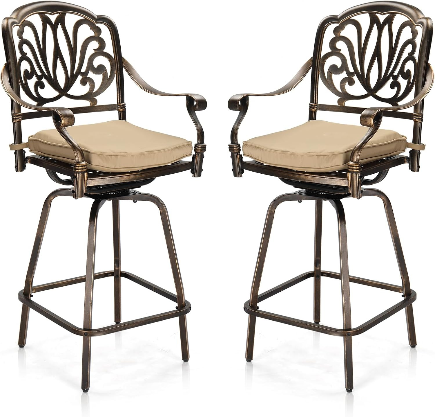 VINGLI Outdoor Swivel Bar Stools Set of 2, Cast Aluminum Patio Bar Height Chairs