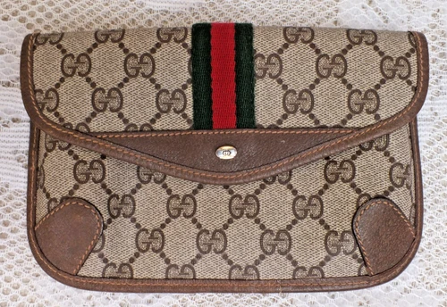 Vintage Gucci GG Sherry Line Pouch Clutch PVC Leather Beige Brown