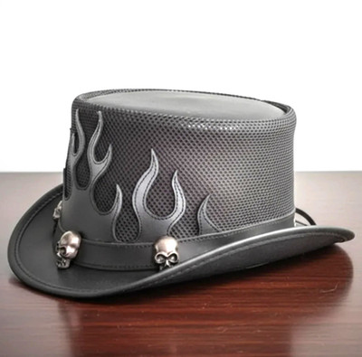 Black Leather Flame Top Hat Skull Concho Band Biker Gothic Steampunk Rocker