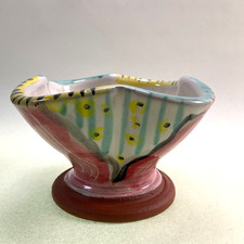 Signed Art Pottery Clover Shaped Bowl Hand Painted Abstract