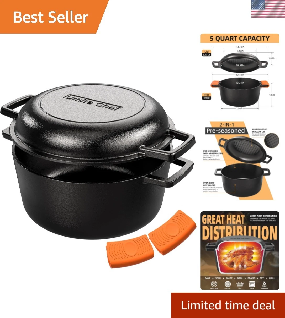 Cast Iron Dutch Oven Pot with Skillet Lid – Pre-Seasoned – Skillet Lid Cookin...